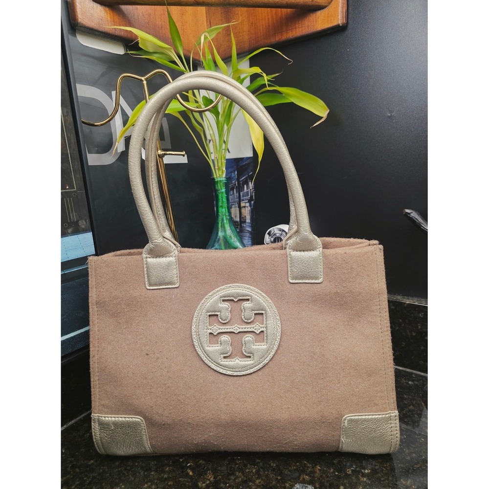 Tory Burch Ella Wool & Gold Tote Bag Taupe Gold Metallic Logo Large Handbag